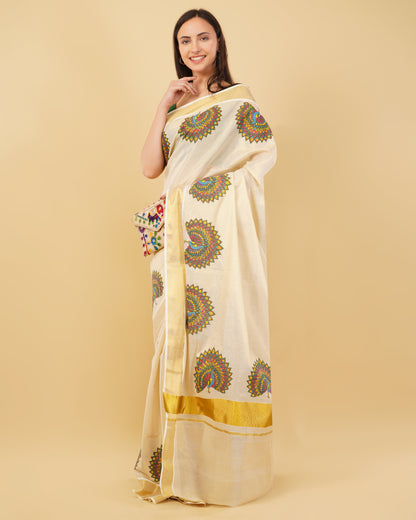 DhevStylish Kerala Kasavu Golden Tissue with Fancy Peacock Design Print Saree with Running Blouse | Tissue Saree For Women | Blue, Green, Red