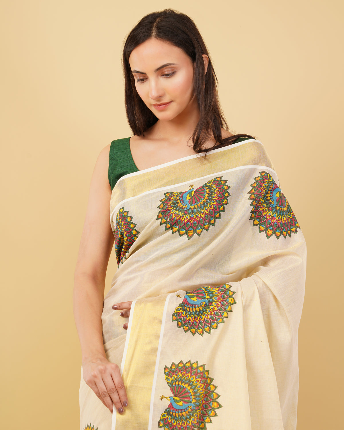 DhevStylish Kerala Kasavu Golden Tissue with Fancy Peacock Design Print Saree with Running Blouse | Tissue Saree For Women | Blue, Green, Red