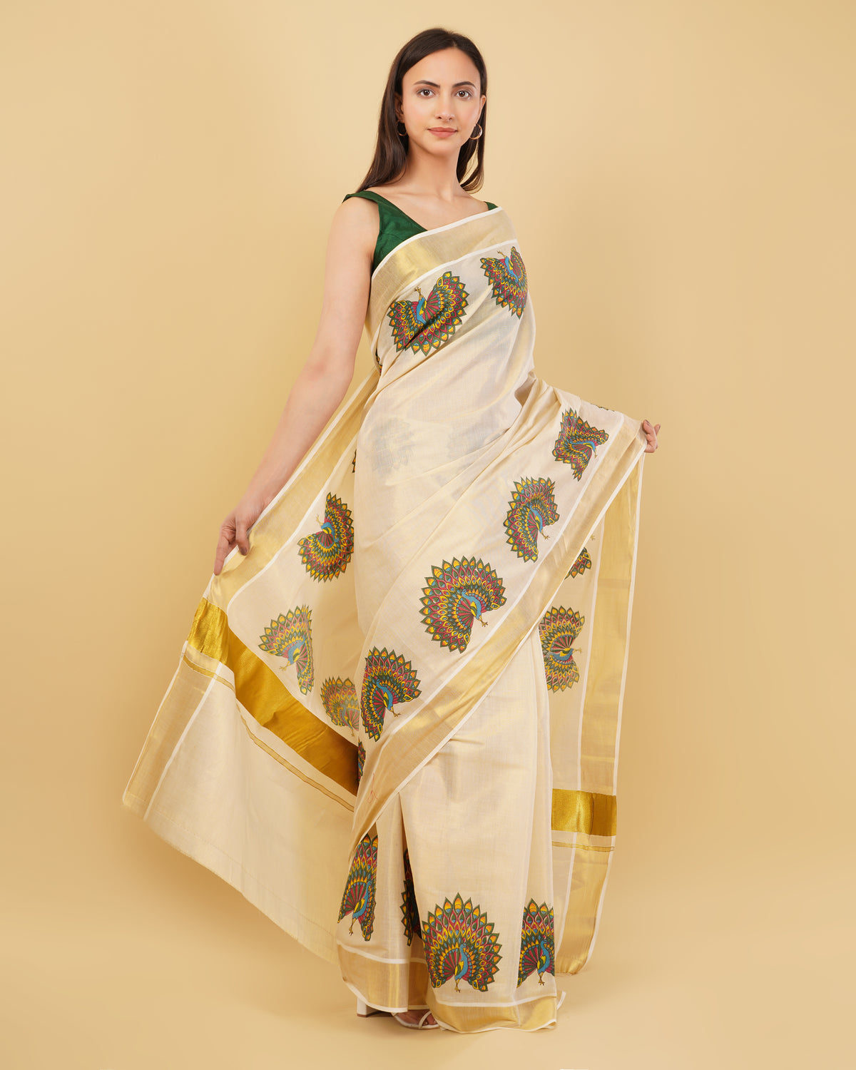 DhevStylish Kerala Kasavu Golden Tissue with Fancy Peacock Design Print Saree with Running Blouse | Tissue Saree For Women | Blue, Green, Red
