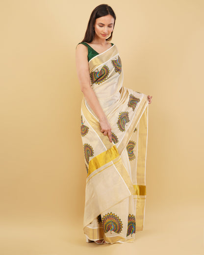 DhevStylish Kerala Kasavu Golden Tissue with Fancy Peacock Design Print Saree with Running Blouse | Tissue Saree For Women | Blue, Green, Red