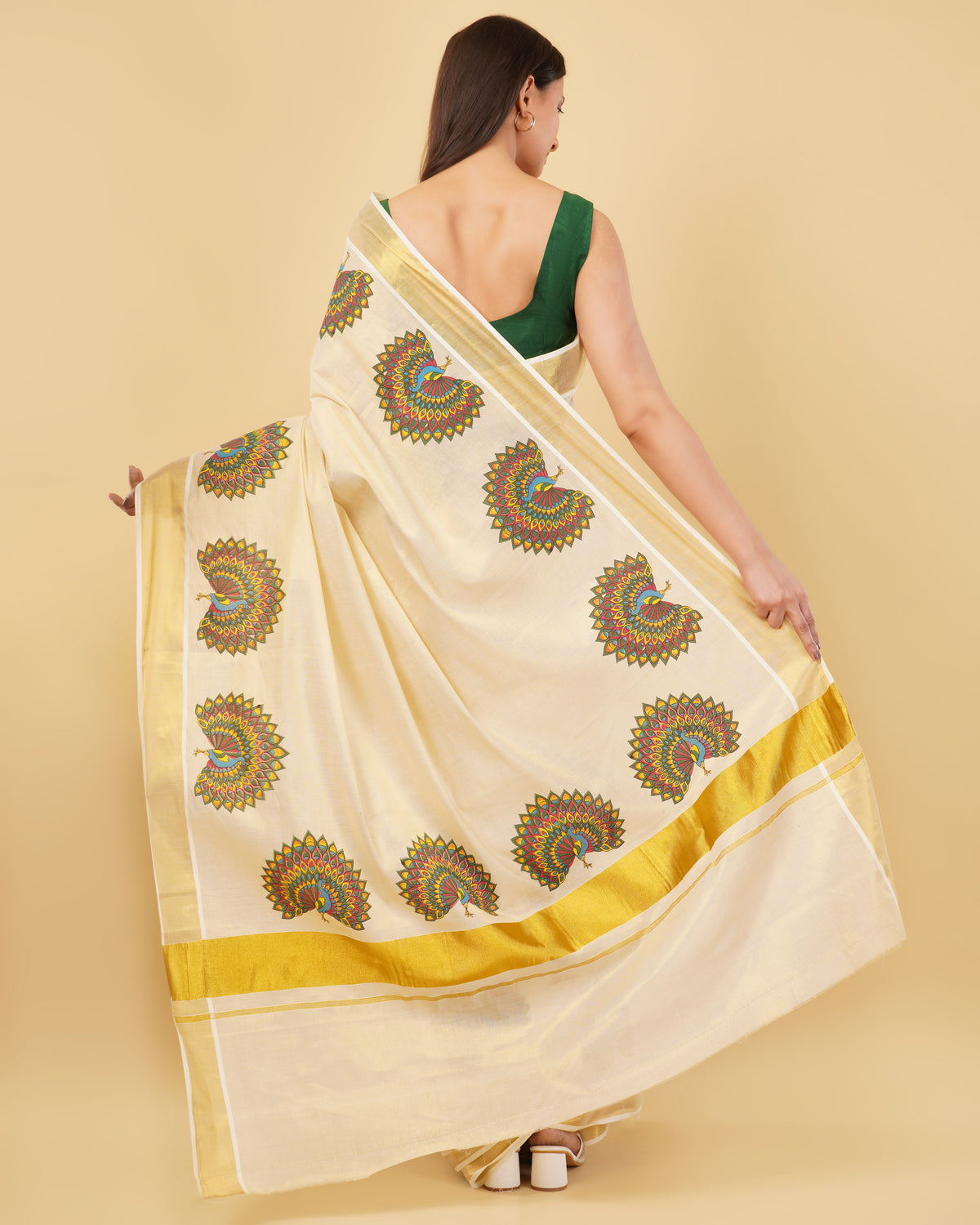 DhevStylish Kerala Kasavu Golden Tissue with Fancy Peacock Design Print Saree with Running Blouse | Tissue Saree For Women | Blue, Green, Red