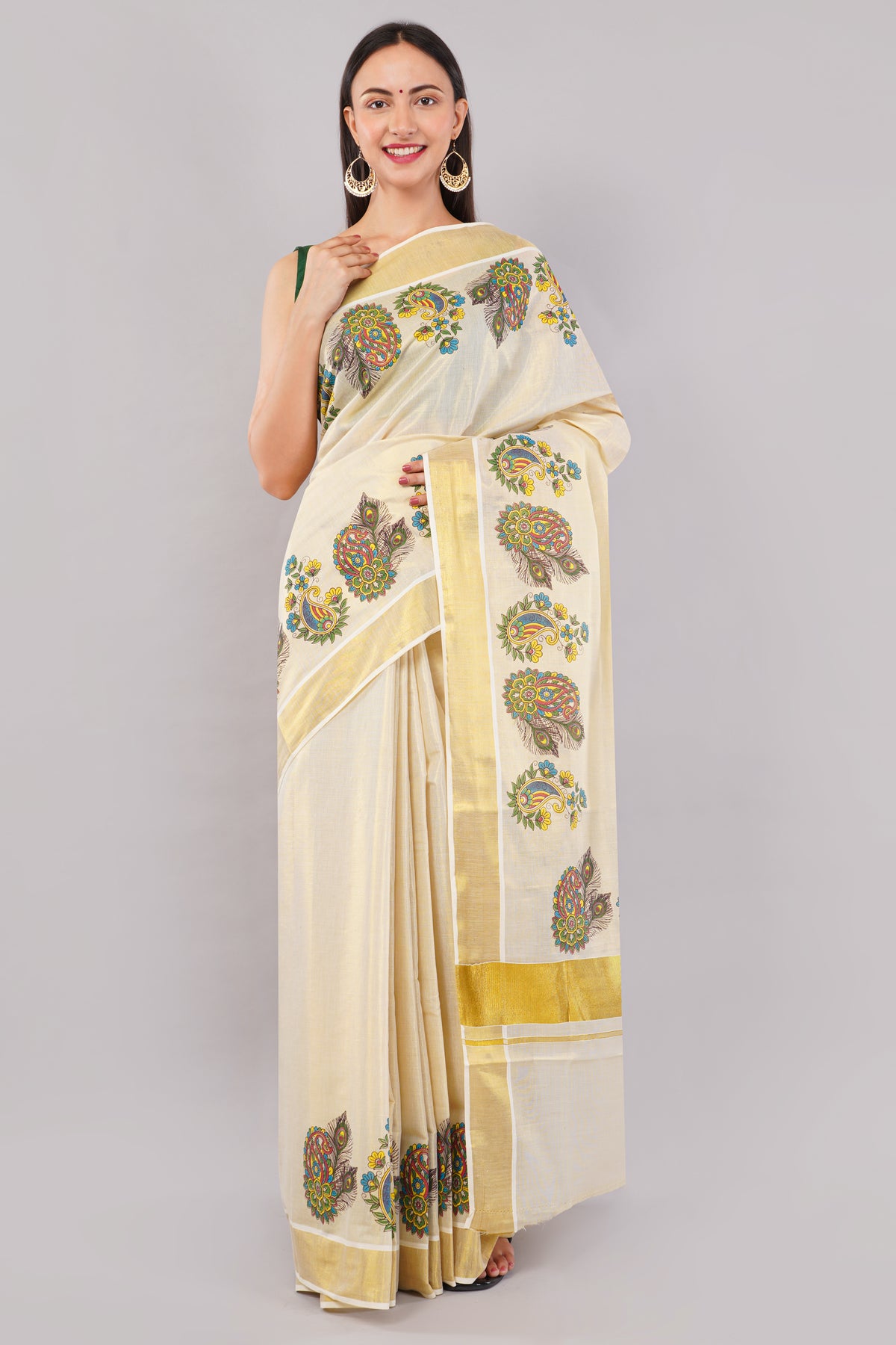 DhevStylish Kerala Kasavu Golden Tissue with Flower Design Print Saree with Running Blouse | Green, Gold