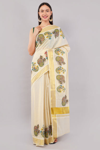 DhevStylish Kerala Kasavu Golden Tissue with Flower Design Print Saree with Running Blouse | Green, Gold