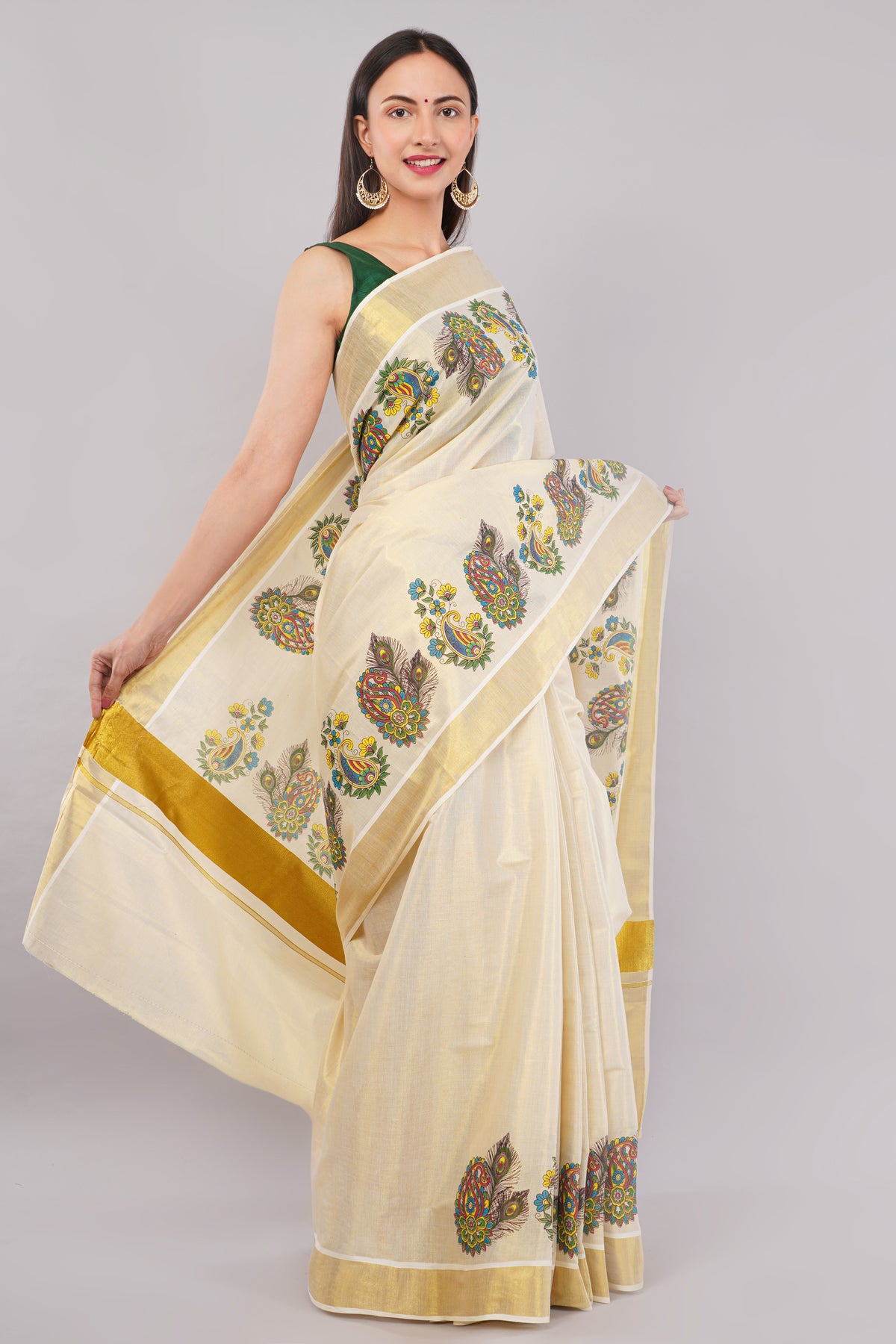 DhevStylish Kerala Kasavu Golden Tissue with Flower Design Print Saree with Running Blouse | Green, Gold