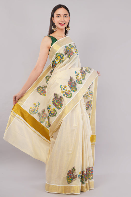 DhevStylish Kerala Kasavu Golden Tissue with Flower Design Print Saree with Running Blouse | Green, Gold