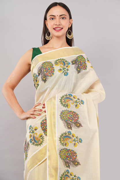 DhevStylish Kerala Kasavu Golden Tissue with Flower Design Print Saree with Running Blouse | Green, Gold
