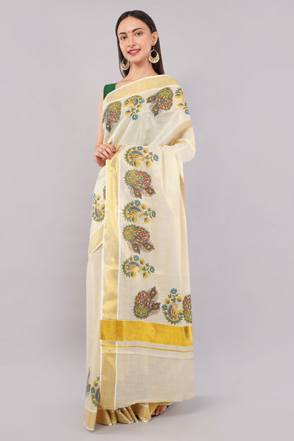 DhevStylish Kerala Kasavu Golden Tissue with Flower Design Print Saree with Running Blouse | Green, Gold