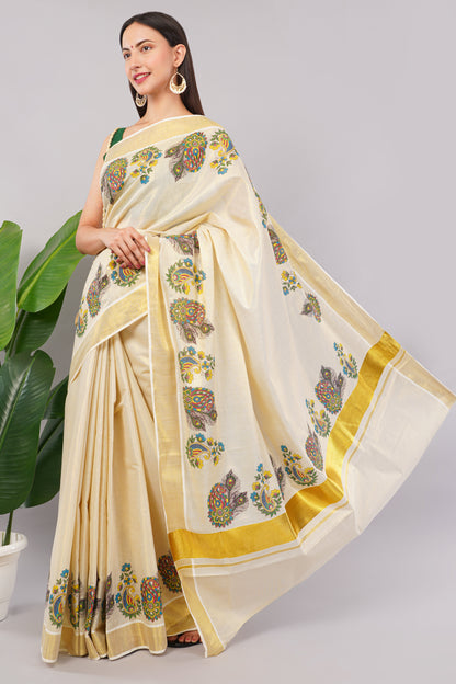 DhevStylish Kerala Kasavu Golden Tissue with Flower Design Print Saree with Running Blouse | Green, Gold