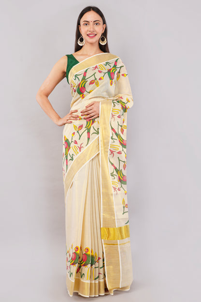 DhevStylish Kerala Kasavu Golden Tissue with Parrot Fancy Design Print Saree with Running Blouse | Green, Red (Blue, Green)