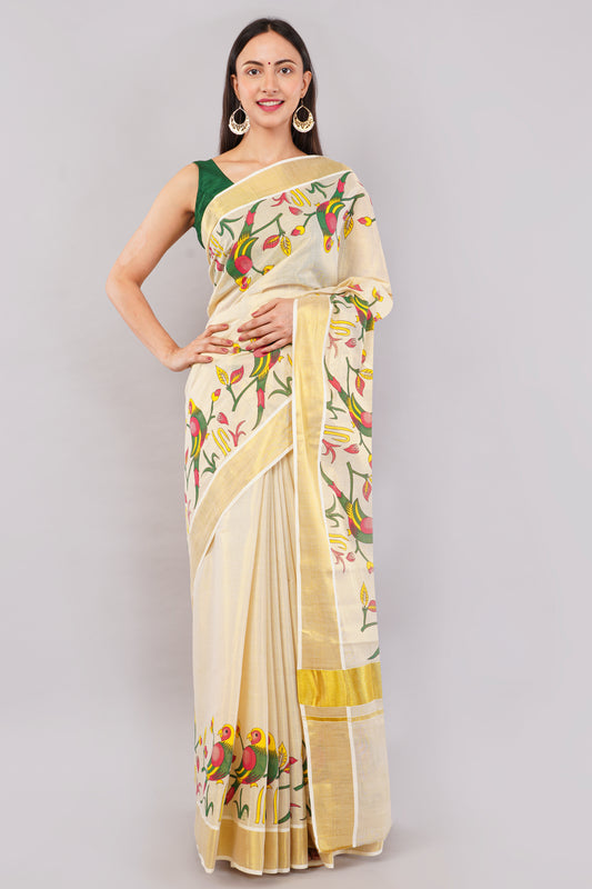 DhevStylish Kerala Kasavu Golden Tissue with Parrot Fancy Design Print Saree with Running Blouse | Green, Red (Blue, Green)