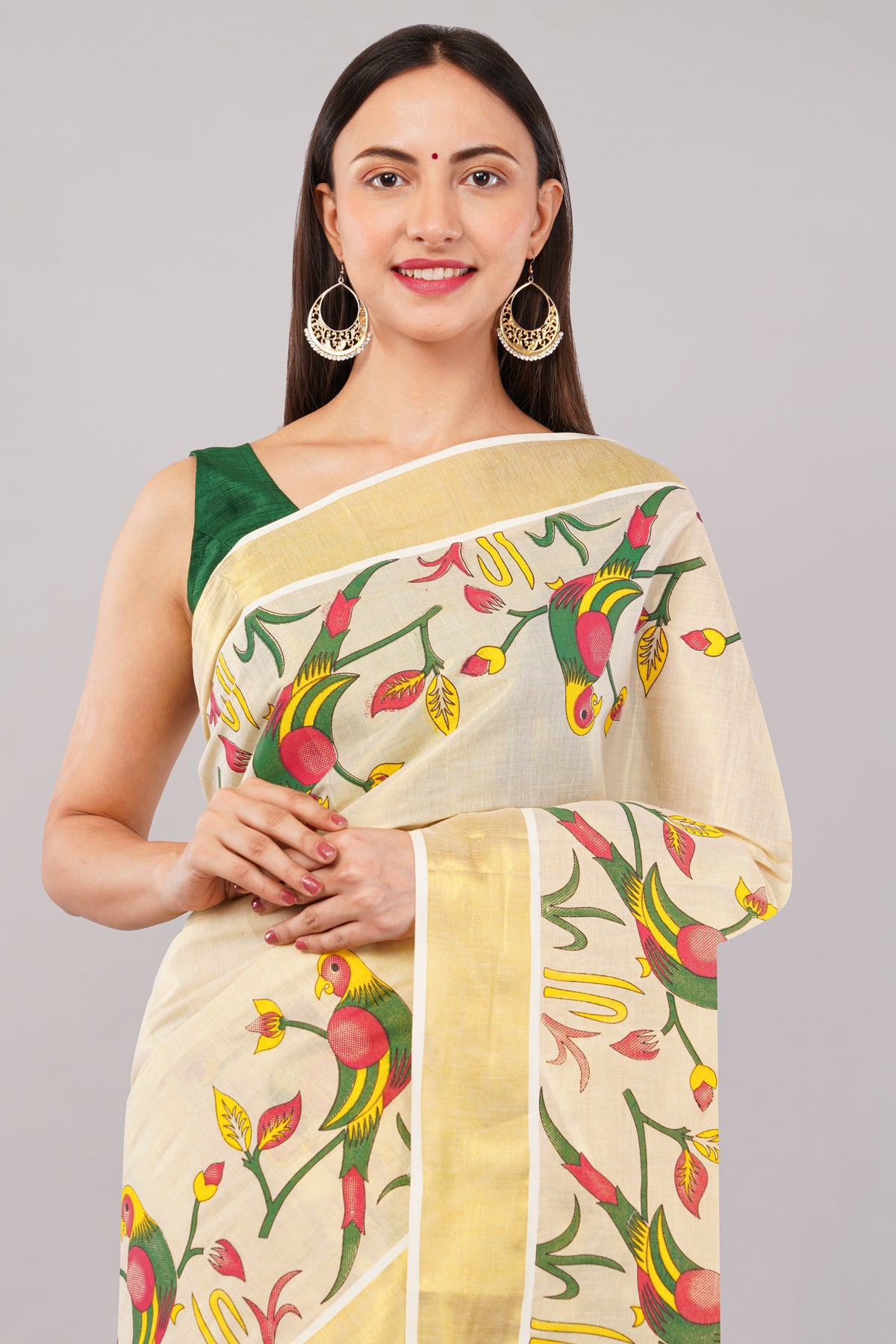 DhevStylish Kerala Kasavu Golden Tissue with Parrot Fancy Design Print Saree with Running Blouse | Green, Red (Blue, Green)