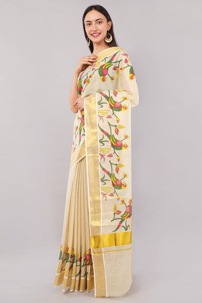 DhevStylish Kerala Kasavu Golden Tissue with Parrot Fancy Design Print Saree with Running Blouse | Green, Red (Blue, Green)