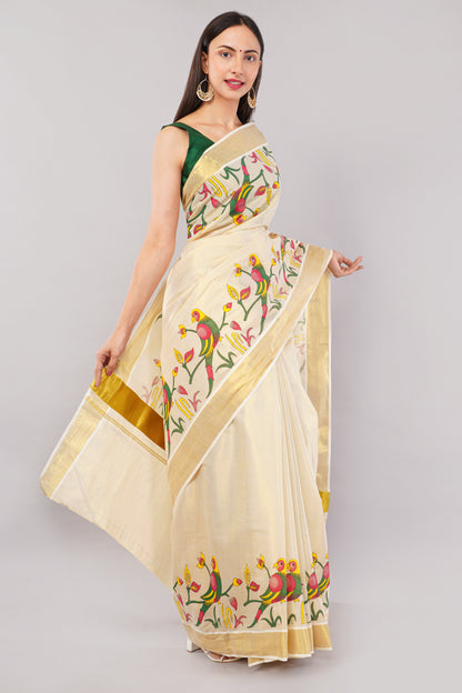 DhevStylish Kerala Kasavu Golden Tissue with Parrot Fancy Design Print Saree with Running Blouse | Green, Red (Blue, Green)