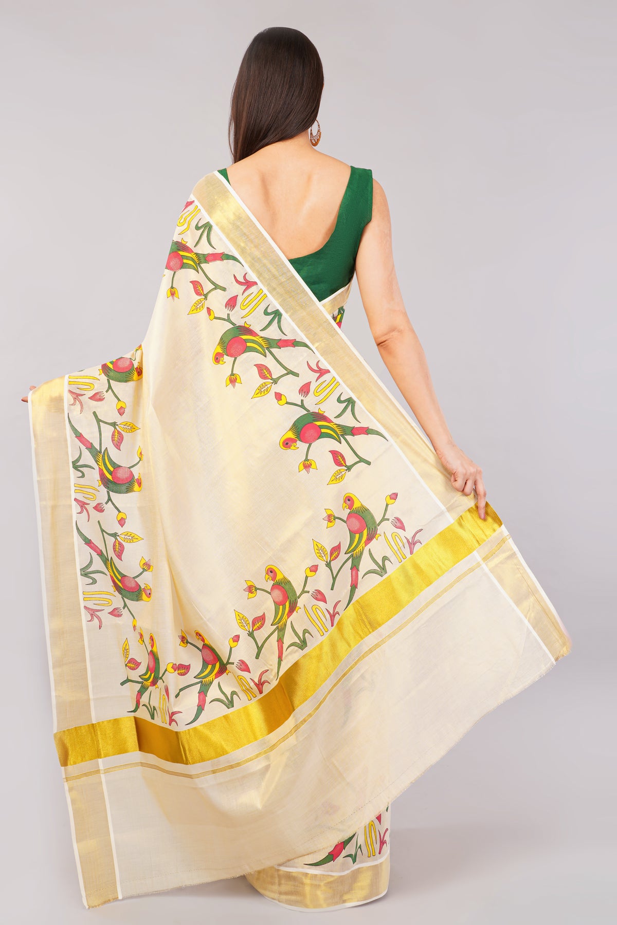DhevStylish Kerala Kasavu Golden Tissue with Parrot Fancy Design Print Saree with Running Blouse | Green, Red (Blue, Green)