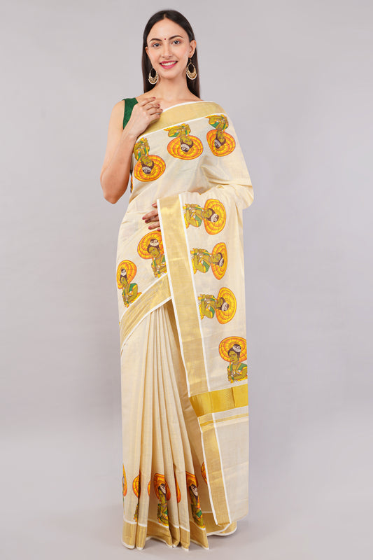 DhevStylish Kerala Kasavu Golden Tissue with Umberlla Women Design Print Saree with Running Blouse | Green, Red (Red, Green)