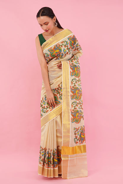DhevStylish Kerala Kasavu Golden Tissue with Climber Dragon Print Design Saree with Running Blouse | Green, Red (Red, Gold)