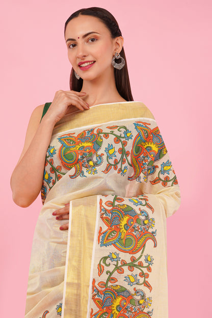 DhevStylish Kerala Kasavu Golden Tissue with Climber Dragon Print Design Saree with Running Blouse | Green, Red (Red, Gold)