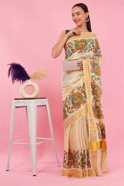 DhevStylish Kerala Kasavu Golden Tissue with Climber Dragon Print Design Saree with Running Blouse | Green, Red (Red, Gold)