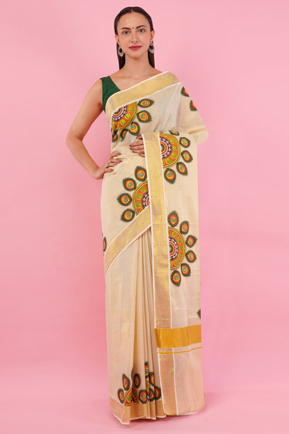 DhevStylish Kerala Kasavu Golden Tissue with Umbrella Peacock Feather Design Print Saree with Running Blouse | Green, Red (Light Blue, Green)