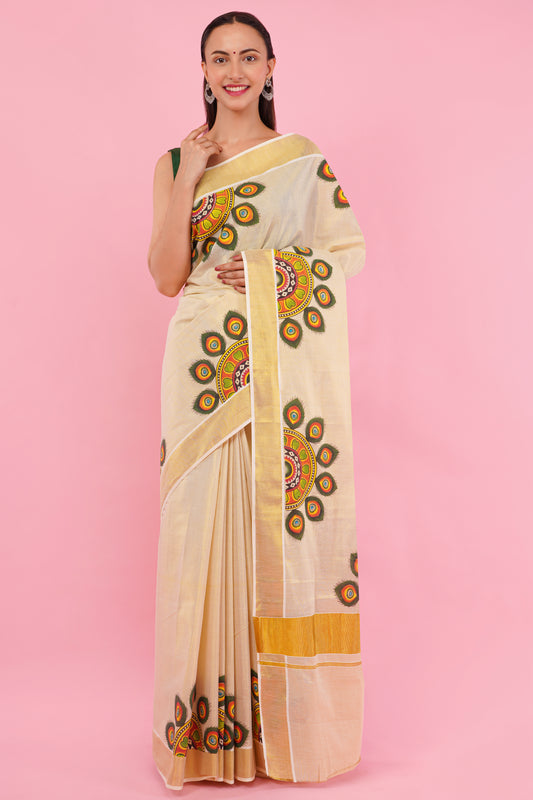 DhevStylish Kerala Kasavu Golden Tissue with Umbrella Peacock Feather Design Print Saree with Running Blouse | Green, Red (Light Blue, Green)