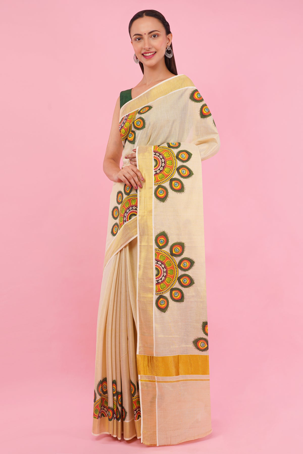 DhevStylish Kerala Kasavu Golden Tissue with Umbrella Peacock Feather Design Print Saree with Running Blouse | Green, Red (Light Blue, Green)
