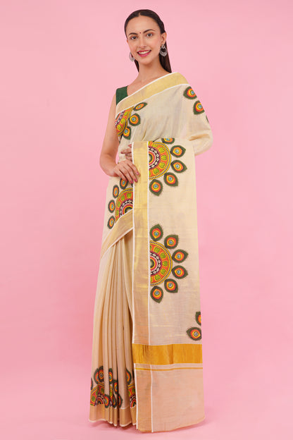 DhevStylish Kerala Kasavu Golden Tissue with Umbrella Peacock Feather Design Print Saree with Running Blouse | Green, Red (Light Blue, Green)