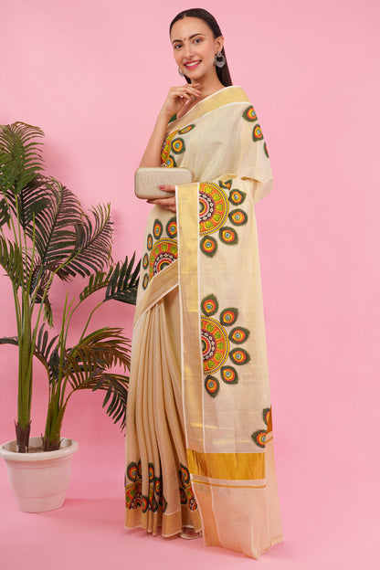 DhevStylish Kerala Kasavu Golden Tissue with Umbrella Peacock Feather Design Print Saree with Running Blouse | Green, Red (Light Blue, Green)