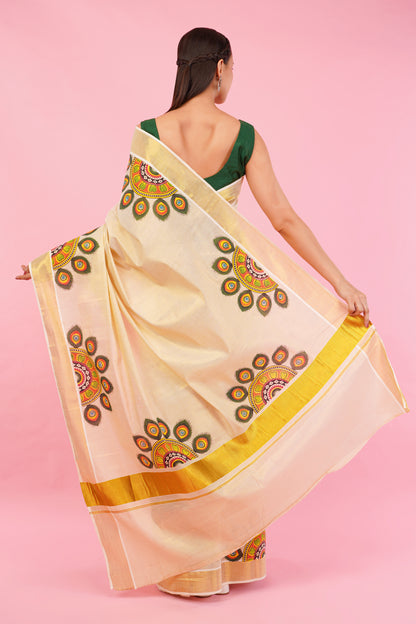 DhevStylish Kerala Kasavu Golden Tissue with Umbrella Peacock Feather Design Print Saree with Running Blouse | Green, Red (Light Blue, Green)