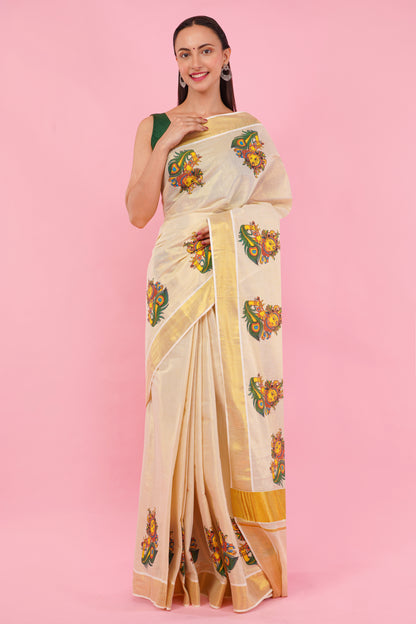 DhevStylish Kerala Kasavu Golden Tissue with Krishna Print Saree with Running Blouse