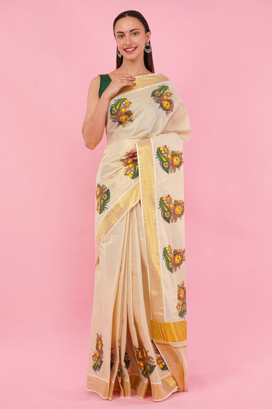 DhevStylish Kerala Kasavu Golden Tissue with Krishna Print Saree with Running Blouse