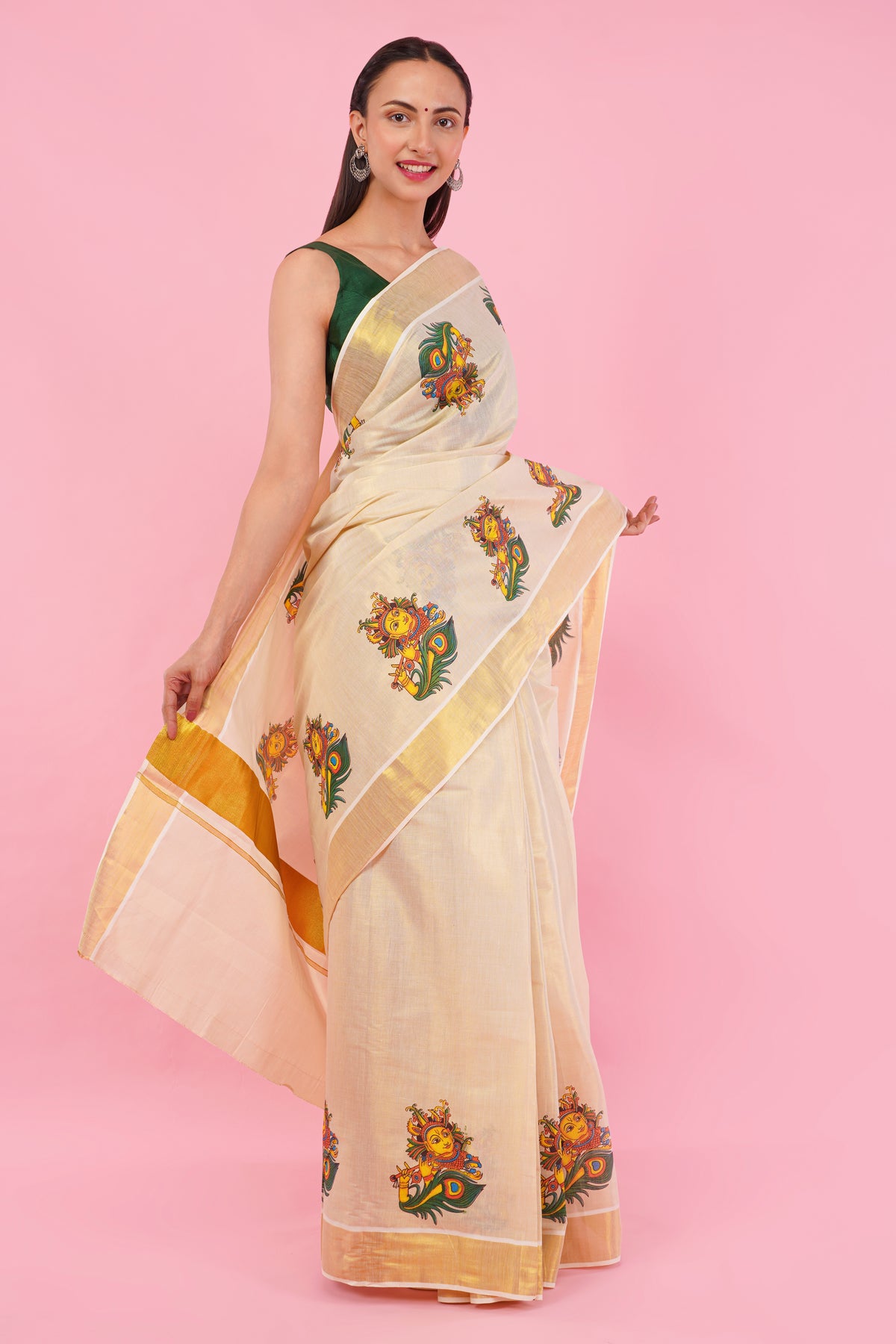 DhevStylish Kerala Kasavu Golden Tissue with Krishna Print Saree with Running Blouse