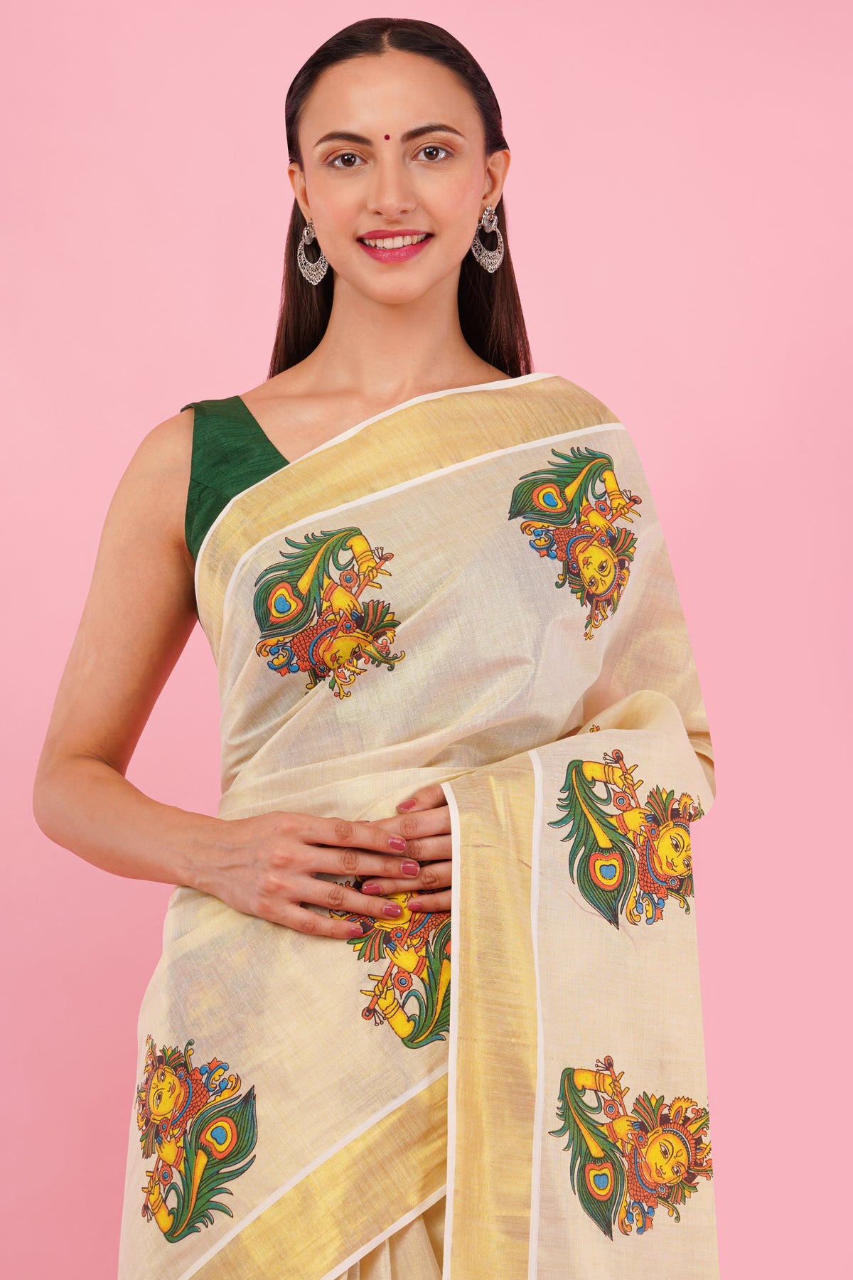 DhevStylish Kerala Kasavu Golden Tissue with Krishna Print Saree with Running Blouse