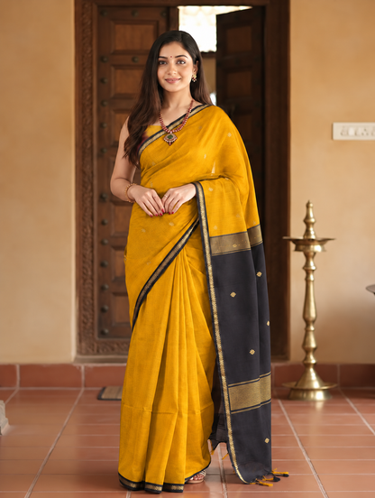 DhevStylish Maheshwari Cotton Saree for Women | cotton Soft Lightweight Cotton Saree with Gold Zari Border & Running Blouse Piece | Traditional Handloom Style Ethnic Saree | 6.25 Meter