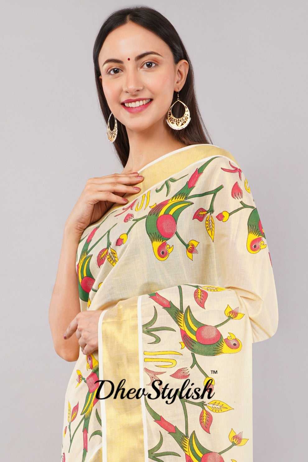 DhevStylish Kerala Kasavu Golden Tissue with Parrot Fancy Design Print Saree with Running Blouse | Green, Red (Blue, Green)