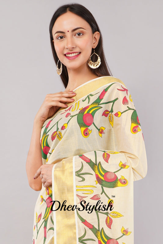 DhevStylish Kerala Kasavu Golden Tissue with Parrot Fancy Design Print Saree with Running Blouse | Green, Red (Blue, Green)