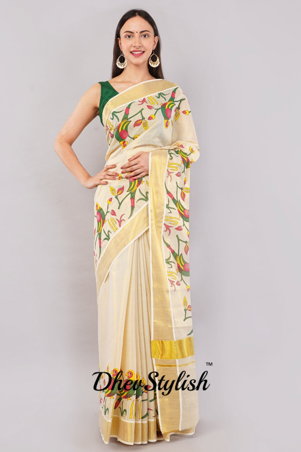DhevStylish Kerala Kasavu Golden Tissue with Parrot Fancy Design Print Saree with Running Blouse | Green, Red (Blue, Green)