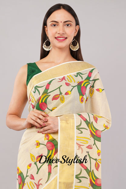 DhevStylish Kerala Kasavu Golden Tissue with Parrot Fancy Design Print Saree with Running Blouse | Green, Red (Blue, Green)