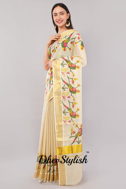 DhevStylish Kerala Kasavu Golden Tissue with Parrot Fancy Design Print Saree with Running Blouse | Green, Red (Blue, Green)