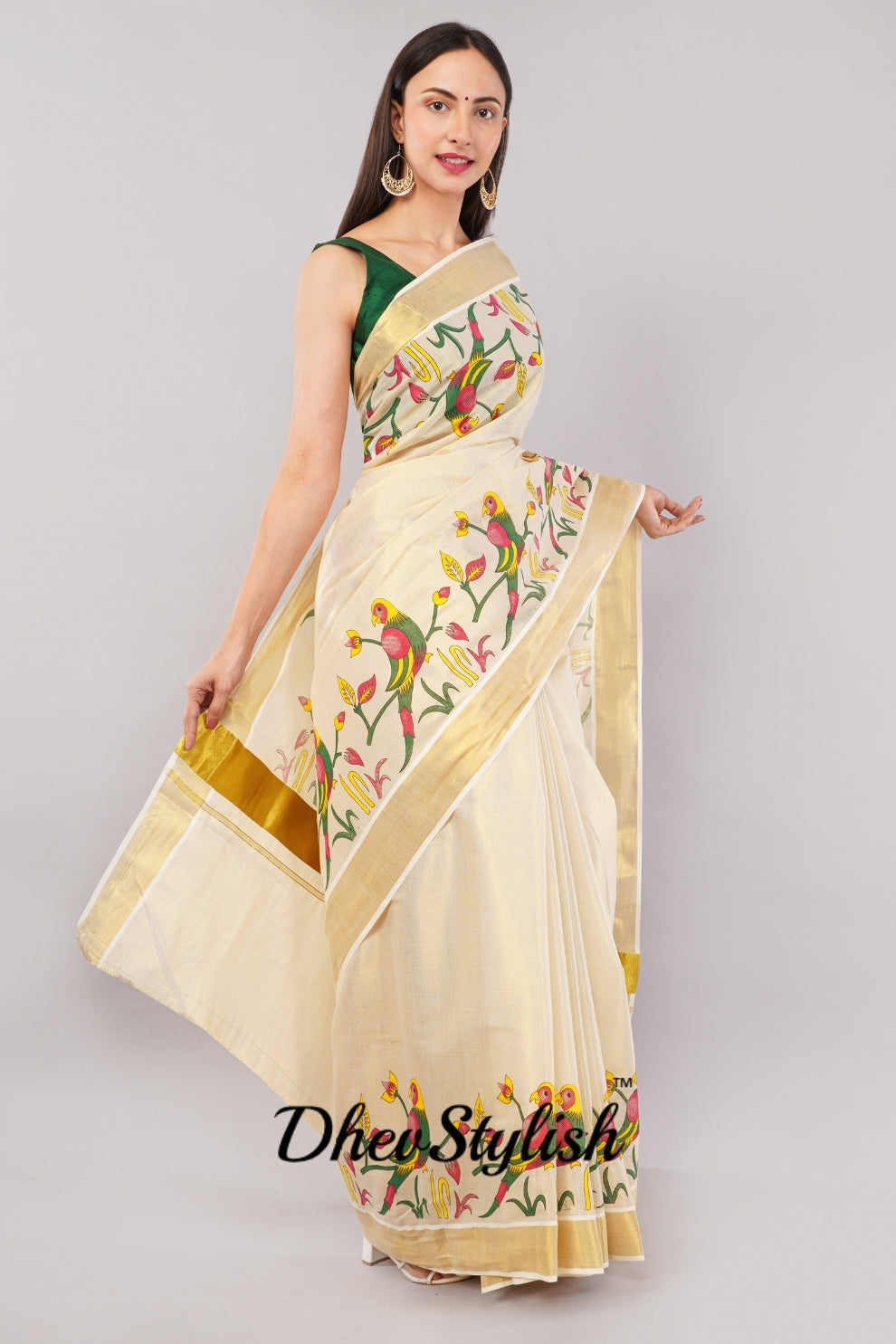 DhevStylish Kerala Kasavu Golden Tissue with Parrot Fancy Design Print Saree with Running Blouse | Green, Red (Blue, Green)
