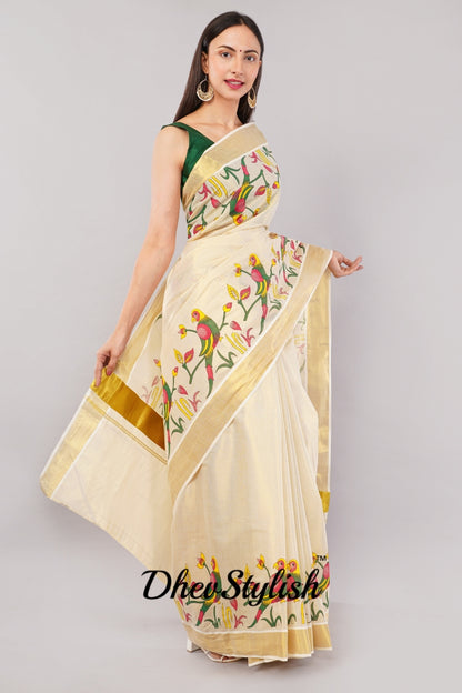 DhevStylish Kerala Kasavu Golden Tissue with Parrot Fancy Design Print Saree with Running Blouse | Green, Red (Blue, Green)