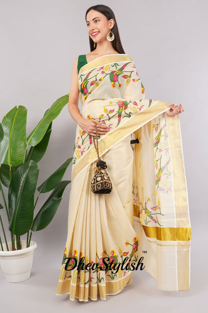 DhevStylish Kerala Kasavu Golden Tissue with Parrot Fancy Design Print Saree with Running Blouse | Green, Red (Blue, Green)