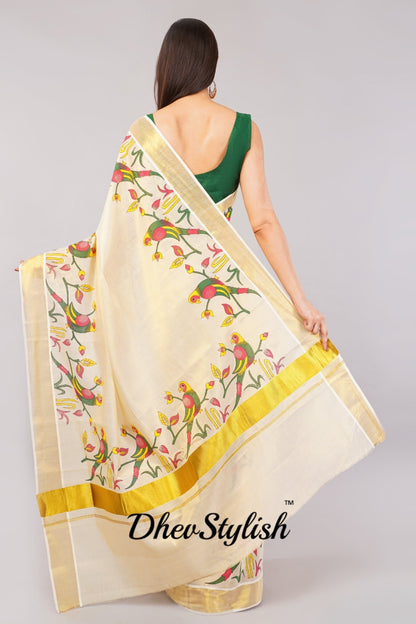 DhevStylish Kerala Kasavu Golden Tissue with Parrot Fancy Design Print Saree with Running Blouse | Green, Red (Blue, Green)