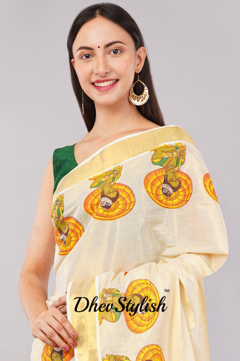 DhevStylish Kerala Kasavu Golden Tissue with Umberlla Women Design Print Saree with Running Blouse | Green, Red (Red, Green)