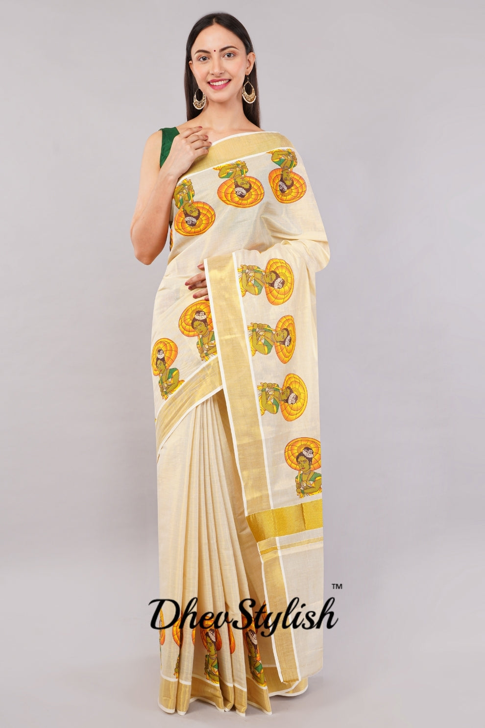 DhevStylish Kerala Kasavu Golden Tissue with Umberlla Women Design Print Saree with Running Blouse | Green, Red (Red, Green)