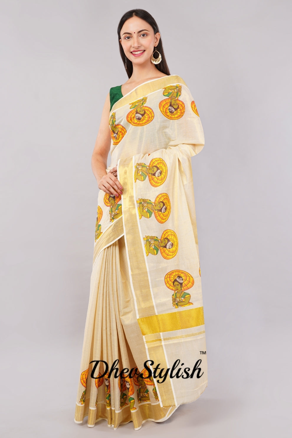 DhevStylish Kerala Kasavu Golden Tissue with Umberlla Women Design Print Saree with Running Blouse | Green, Red (Red, Green)