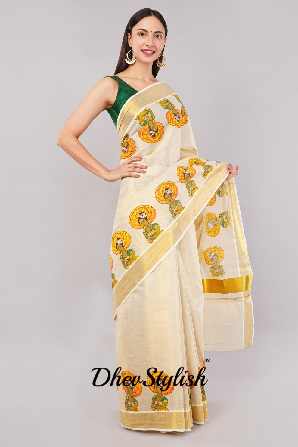DhevStylish Kerala Kasavu Golden Tissue with Umberlla Women Design Print Saree with Running Blouse | Green, Red (Red, Green)
