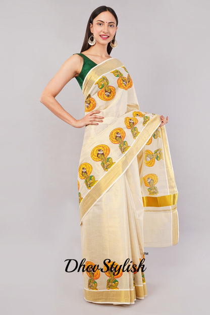 DhevStylish Kerala Kasavu Golden Tissue with Umberlla Women Design Print Saree with Running Blouse | Green, Red (Red, Green)