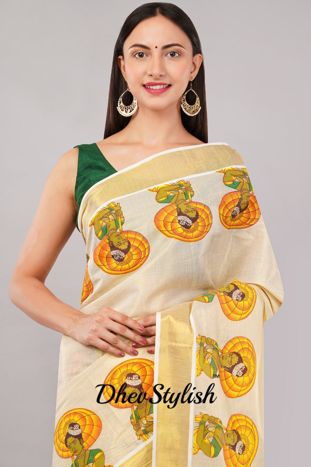 DhevStylish Kerala Kasavu Golden Tissue with Umberlla Women Design Print Saree with Running Blouse | Green, Red (Red, Green)