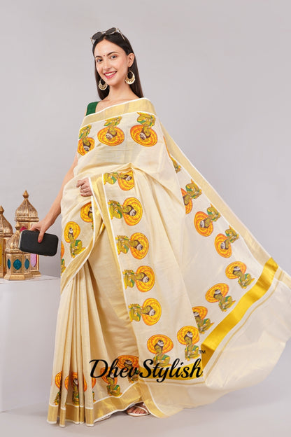 DhevStylish Kerala Kasavu Golden Tissue with Umberlla Women Design Print Saree with Running Blouse | Green, Red (Red, Green)