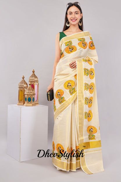 DhevStylish Kerala Kasavu Golden Tissue with Umberlla Women Design Print Saree with Running Blouse | Green, Red (Red, Green)